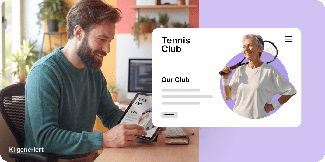 Person im türkisen Pullover nutzt ein Tablet für ein Website-Design. Hinweis: KI-generierter Inhalt.