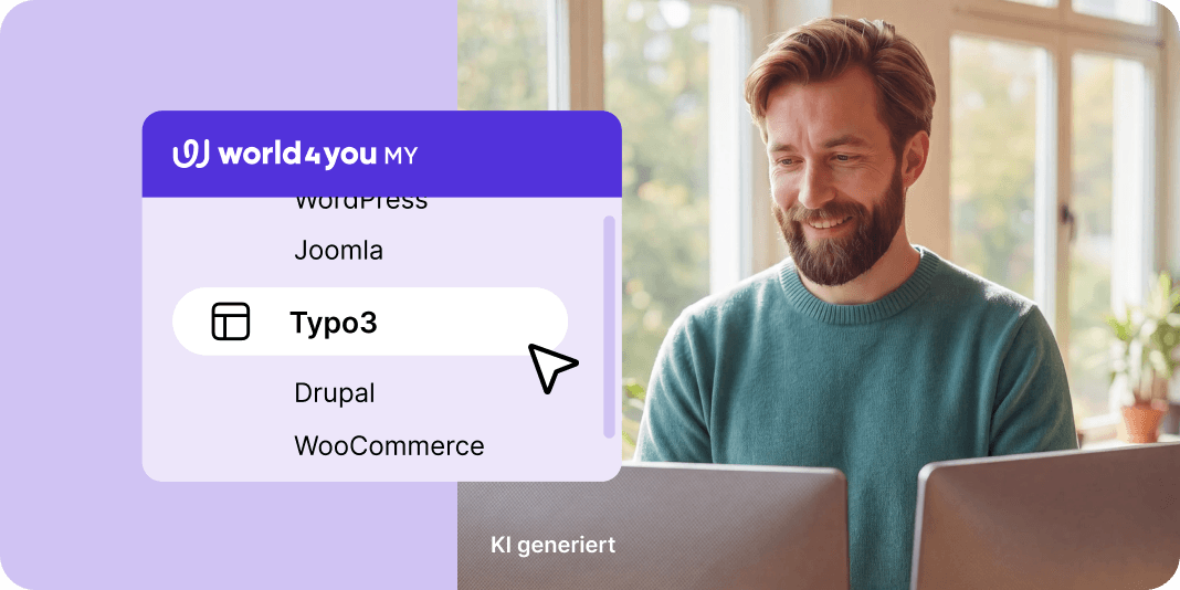 Person im türkisen Pullover vor Bildschirm mit Typo3-Auswahl. Hinweis: KI-generierter Inhalt.