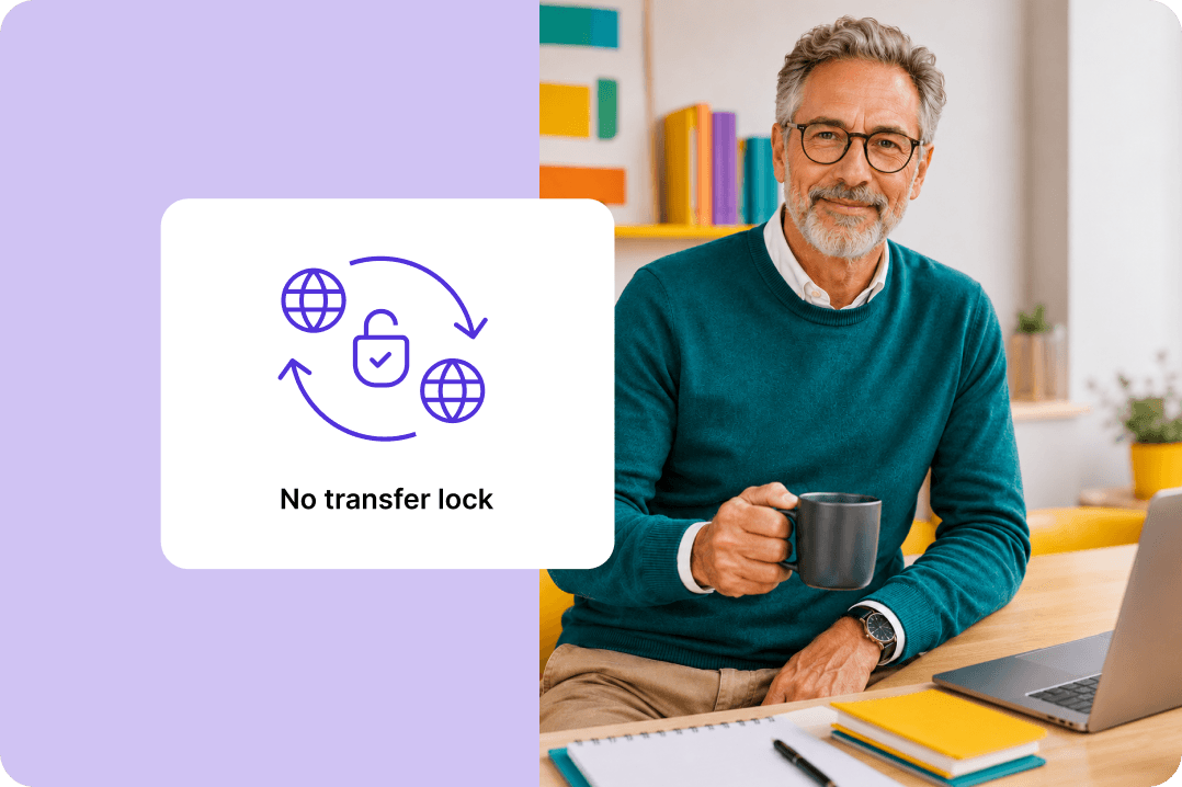 A person in a turquoise sweater holds a mug next to a notice that your domain has no transfer lock.