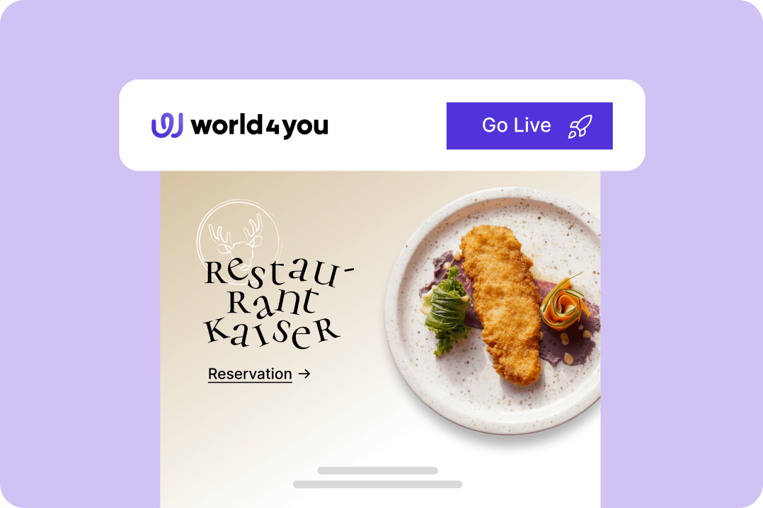 Ein world4you Header mit "Go Live"-Button über der Vorschau einer Restaurant-Website, die ein Gericht zeigt.