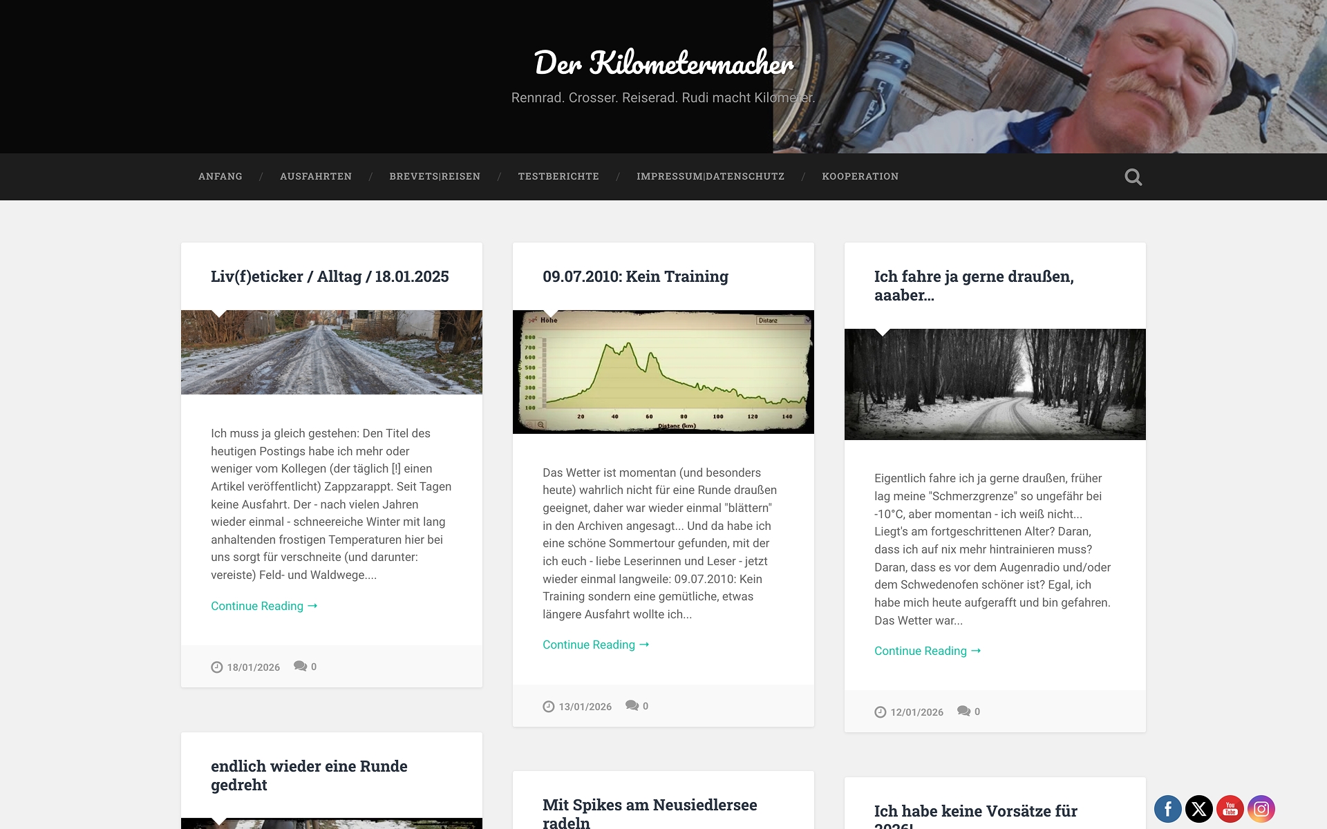 Website-Vorschau von „Der Kilometermacher“ mit Blogbeiträgen über Radreisen und einem Foto von einer Person mit Fahrrad.