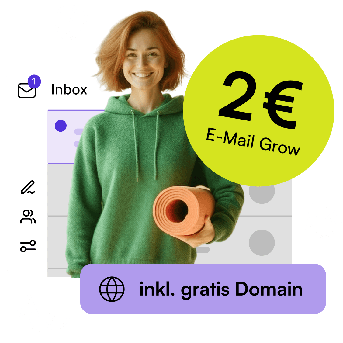 Eine Person mit grünem Oberteil vor einem Posteingang mit „2 € E-Mail Grow“ Button und „inkl. gratis Domain“ Hinweis.