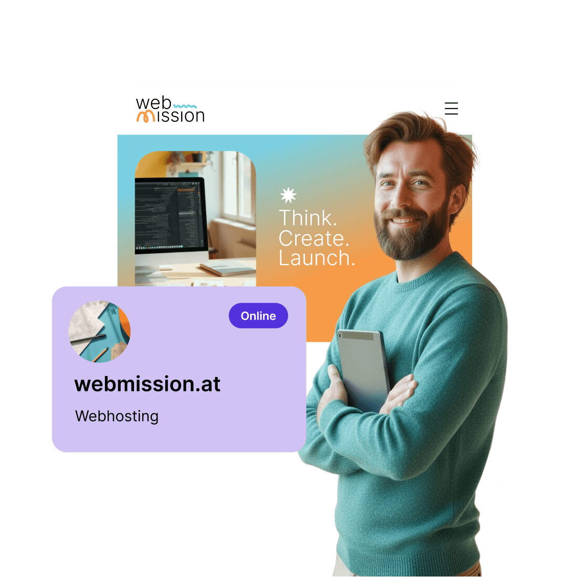 Smiling person in turquoise sweater with tablet in front of his own website with web hosting (AI-generated image).