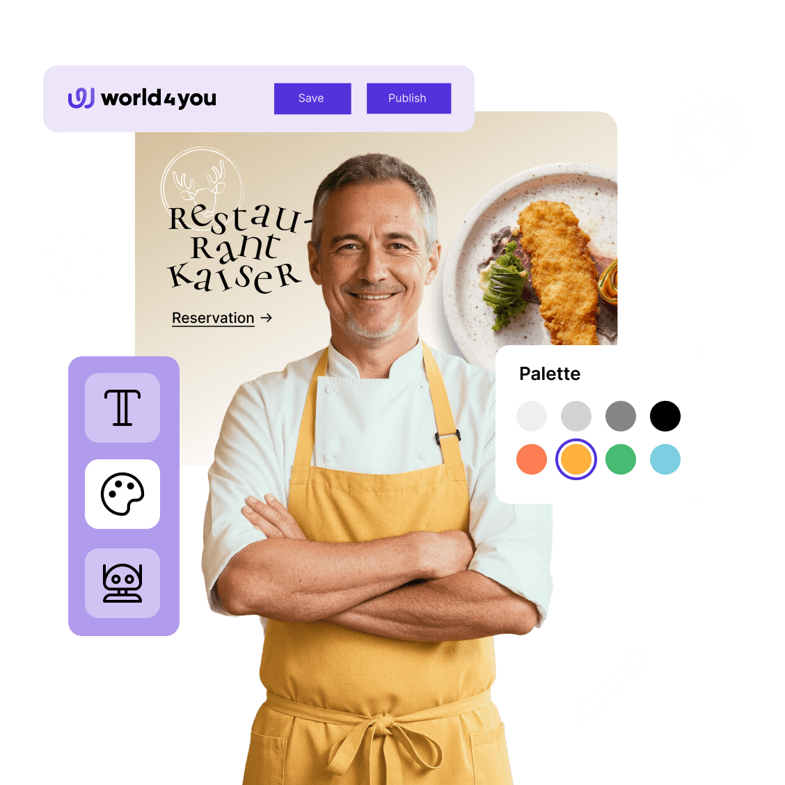 Lächelnde Person mit Kochschürze vor Editor mit KI-gestütztem Content Generator (KI-generiertes Bild).