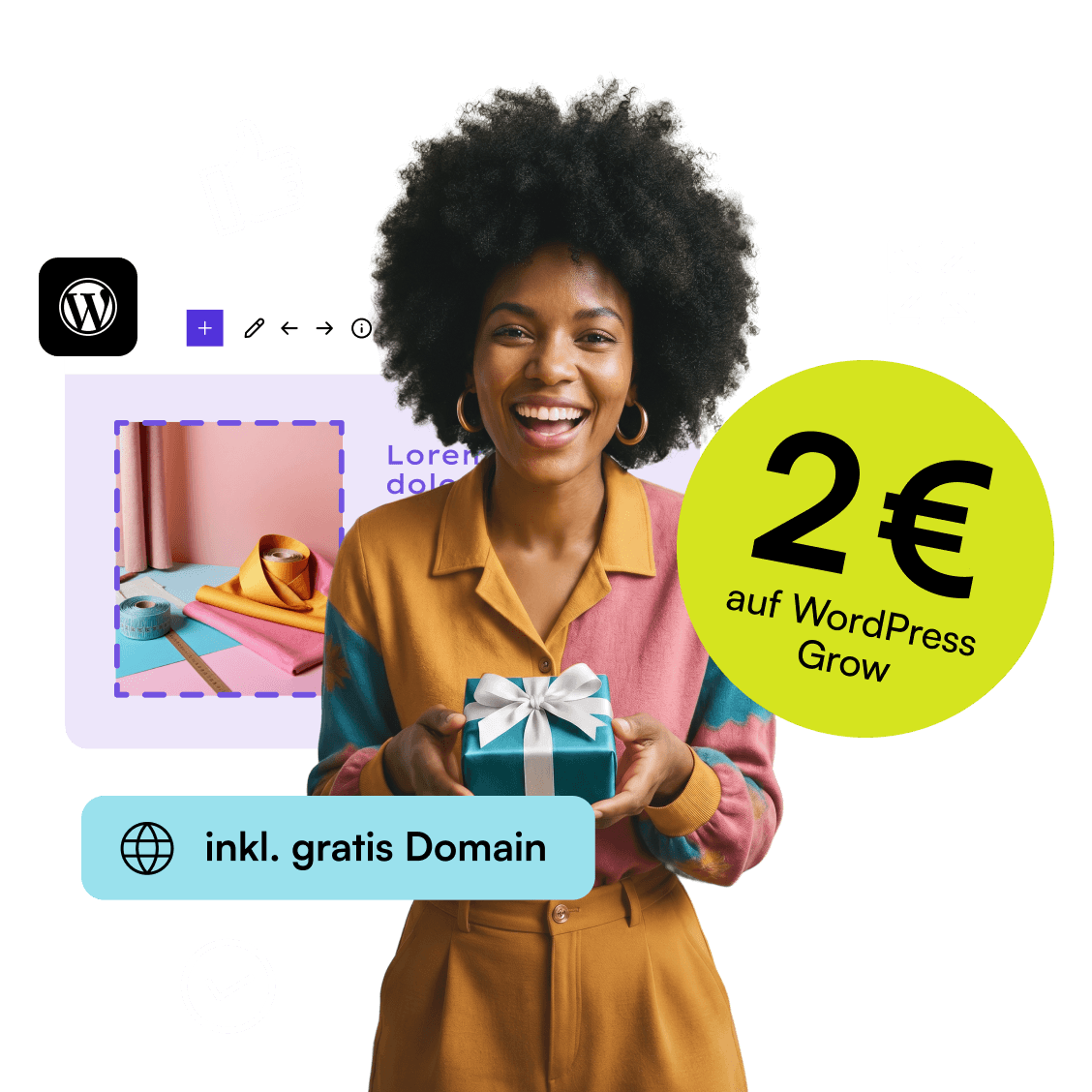 Person in buntem Oberteil hält Geschenk. Text: "2€ auf WordPress Grow" und "inkl. gratis Domain" vor Website-Editor.